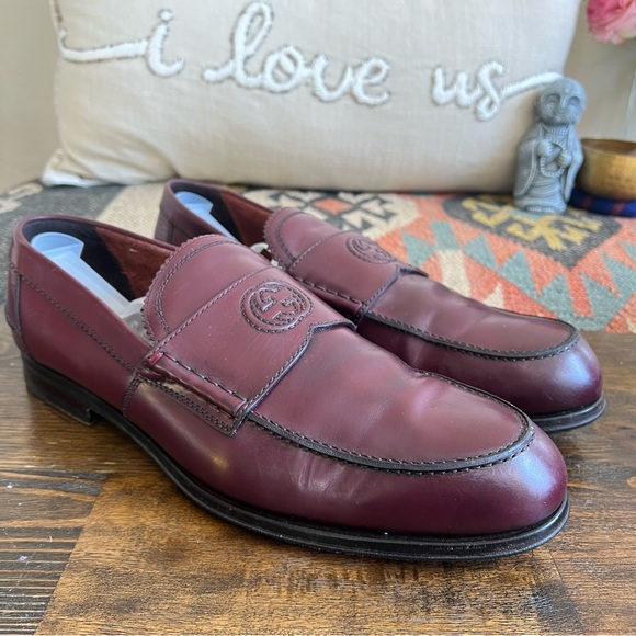 Gucci Other - Gucci Burgundy Leather Embossed Interlocking GG Loafers US11 Wide